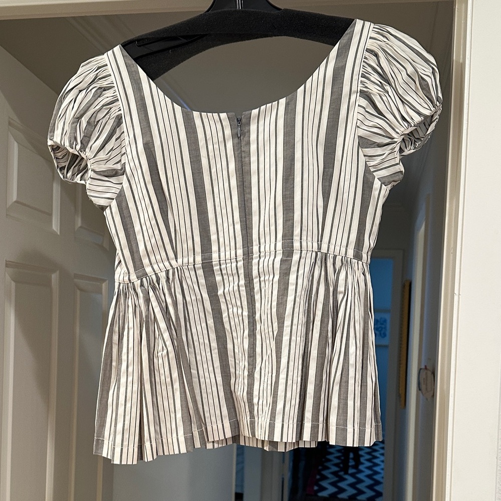 Rebecca Taylor White and Black Striped Peplum Puff Sleeve Top - Picture 2 of 2